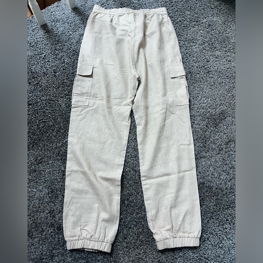 NWT Love Tree Tan Khaki Cargo Jogger Pants Women's Size Medium Linen Blend - Picture 2 of 3